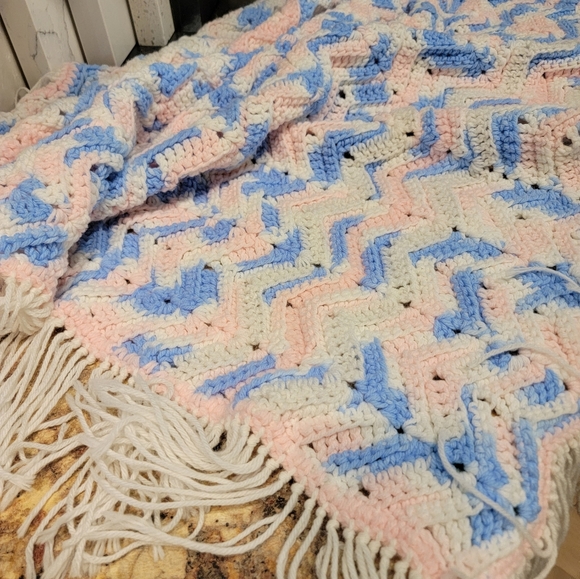 Blue, pink, and white baby Afghan hand-made with Fringe - Picture 5 of 7
